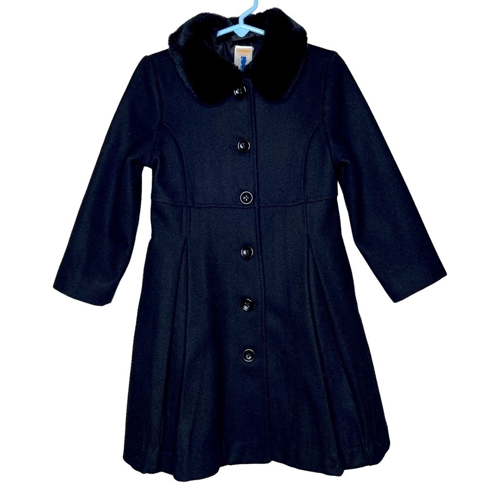 Gymboree Girls Black Wool Blend Long Coat with Fur Collar Size XS 3 4 Holidays